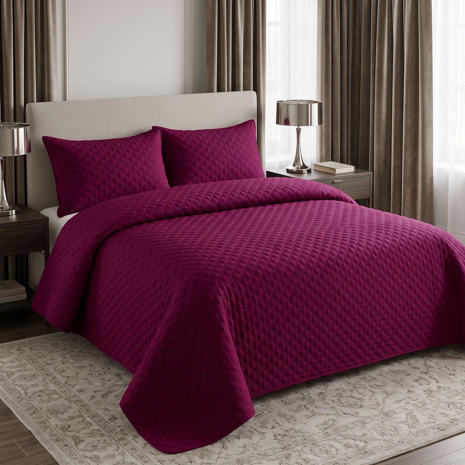 Plum Grid Quilted Bed Spread Set – King Size 3 Pcs