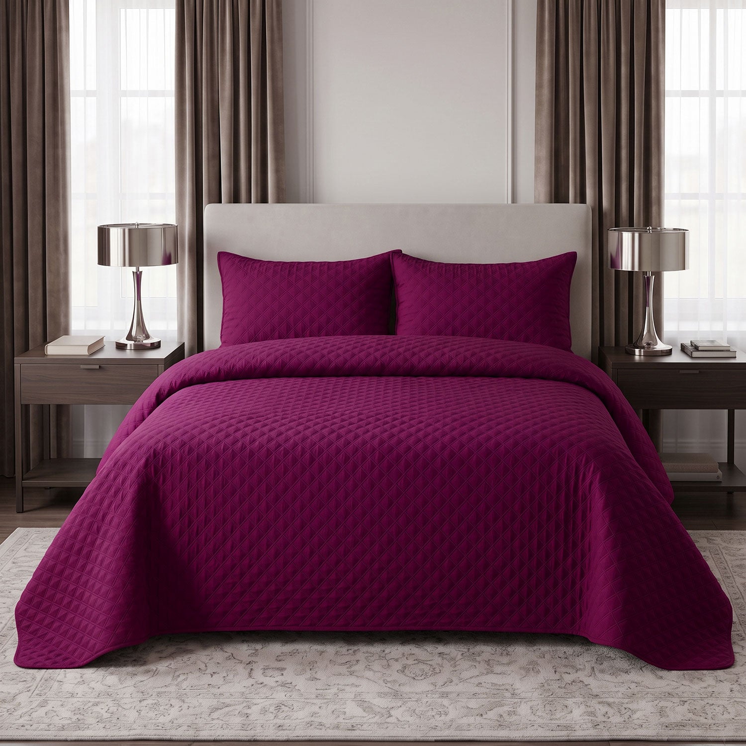 Plum Grid Quilted Bed Spread Set – King Size 3 Pcs