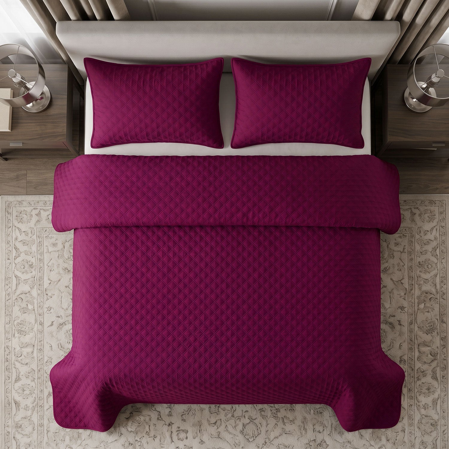 Plum Grid Quilted Bed Spread Set – King Size 3 Pcs