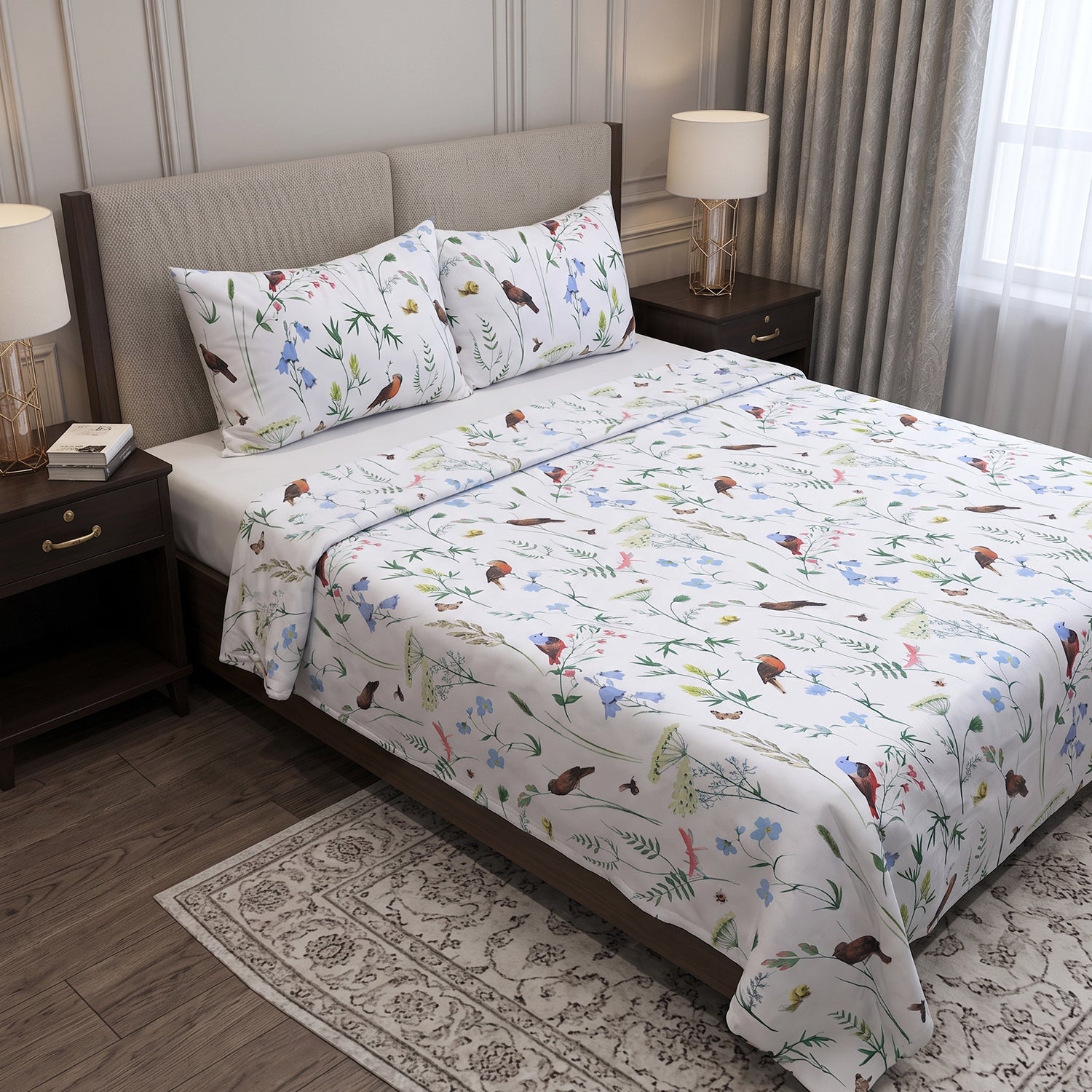 Aviary Printed Bed Sheet Set – King Size 3 Pcs