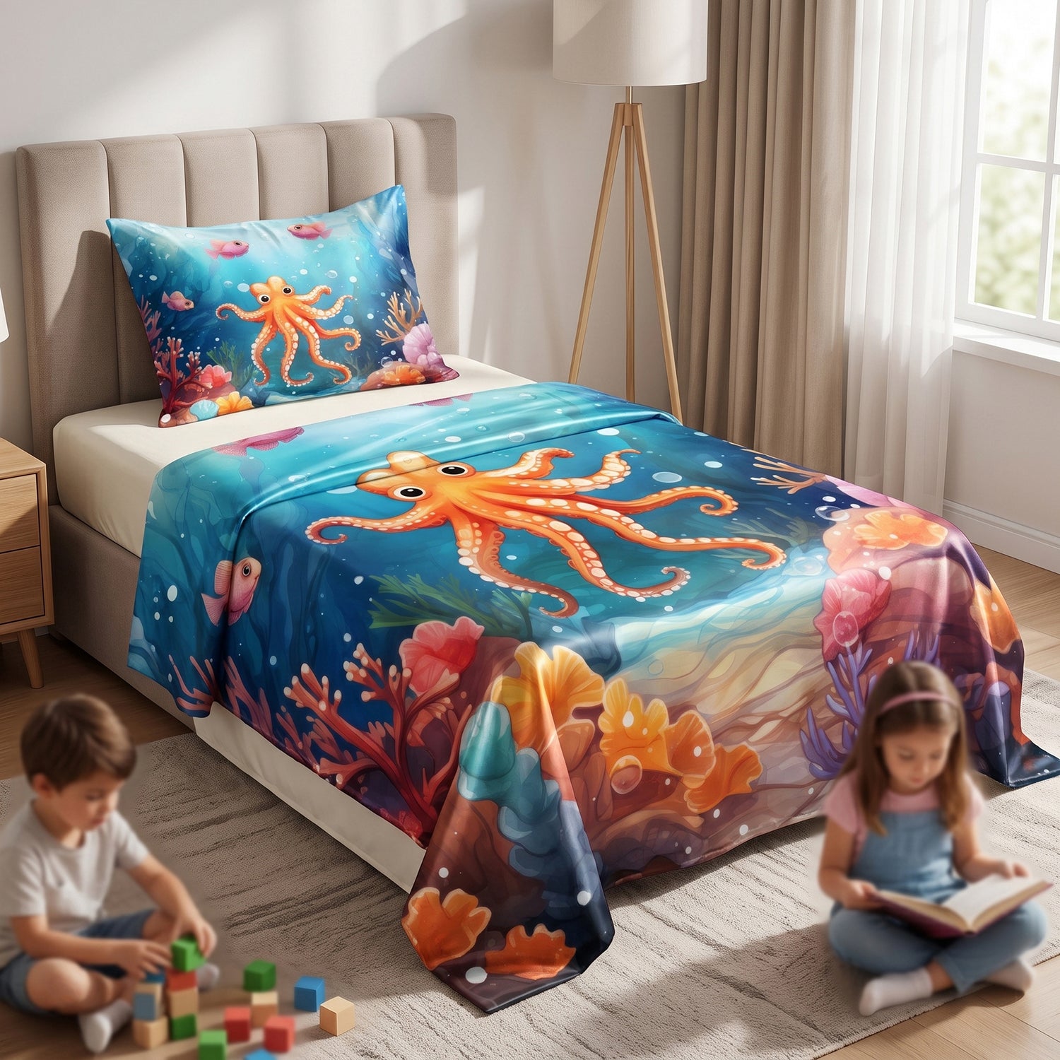 Octopus kids printed bedsheet set 2 pcs by Nylsa