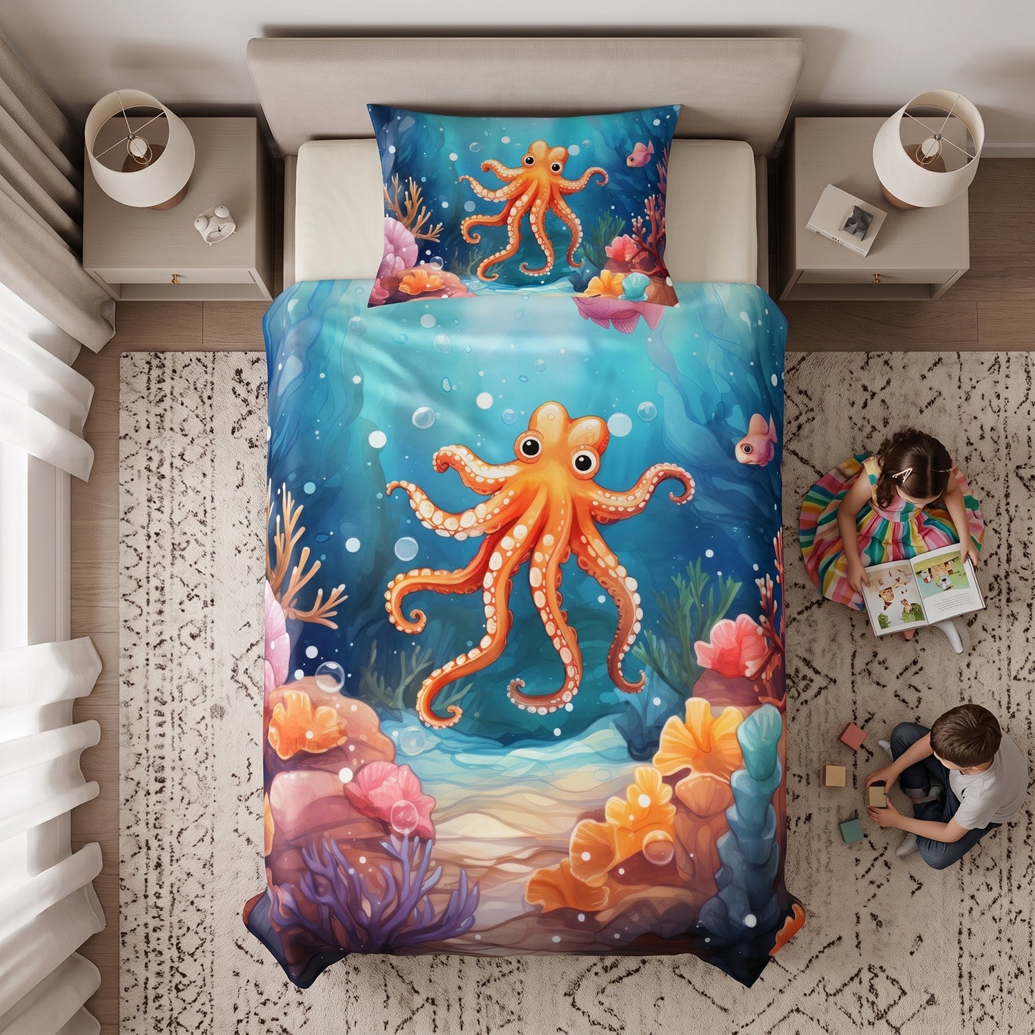 Octopus kids printed bedsheet set 2 pcs by Nylsa