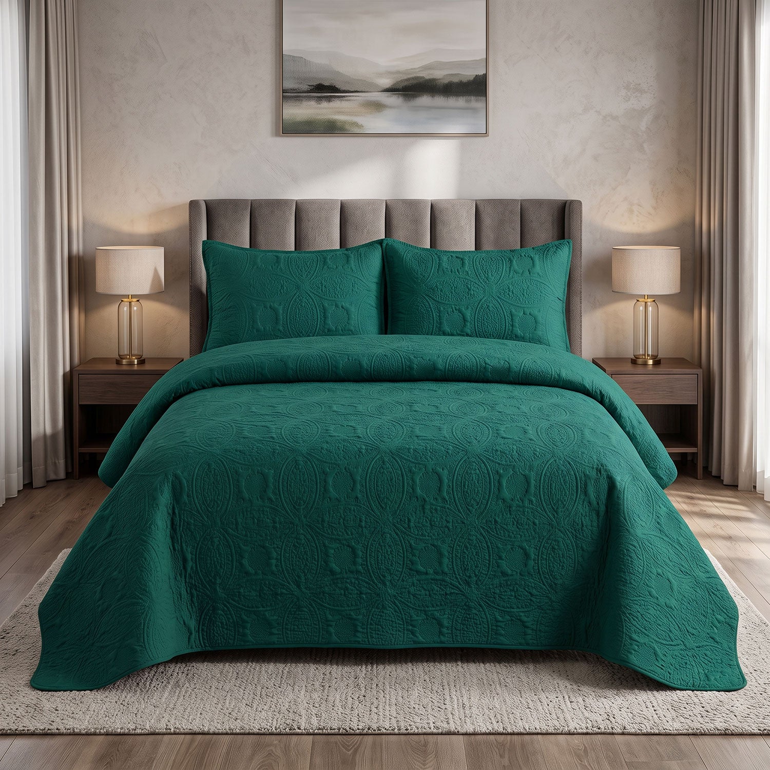 Emerald Loop Quilted Bed Spread Set – King Size 3 Pcs
