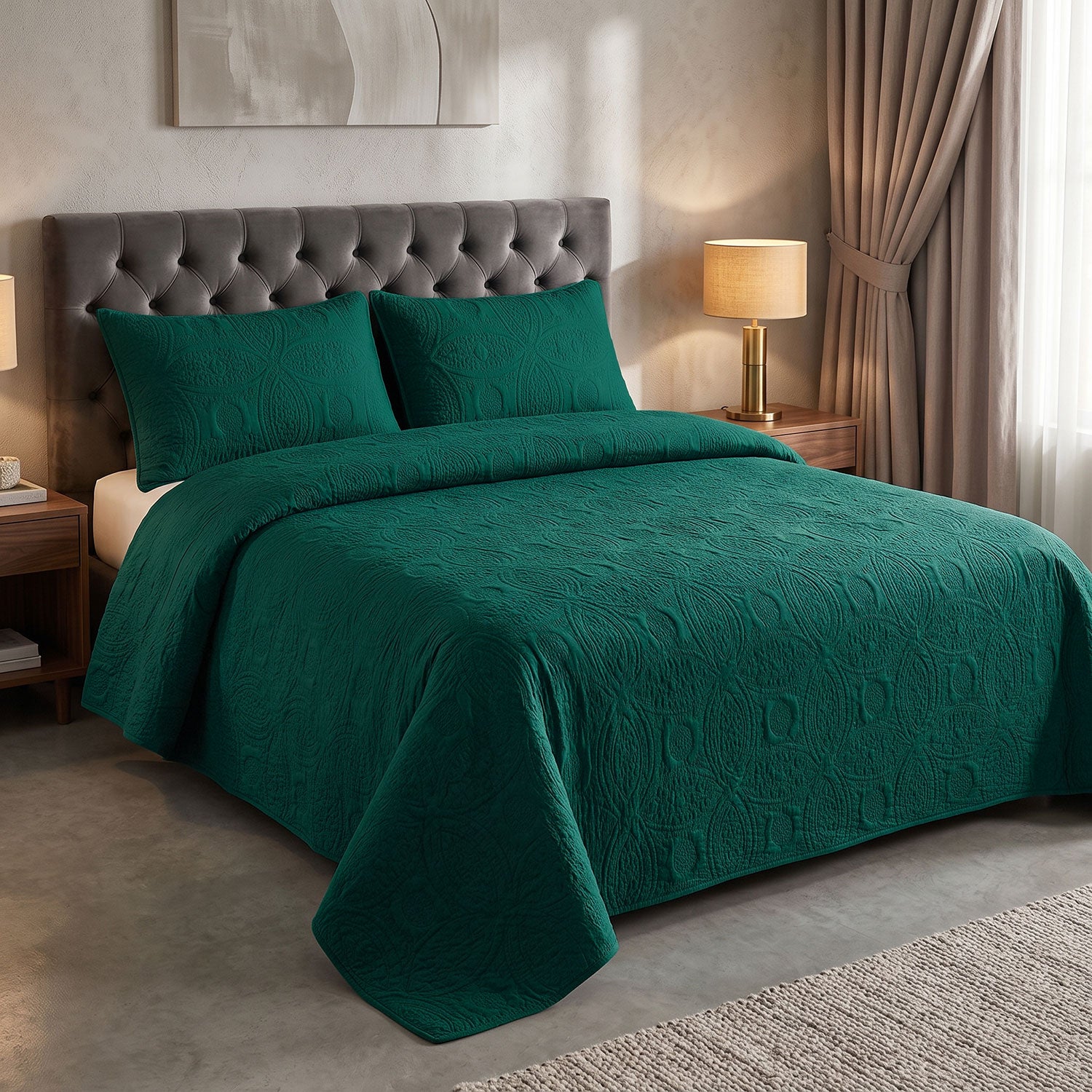 Emerald Loop Quilted Bed Spread Set – King Size 3 Pcs