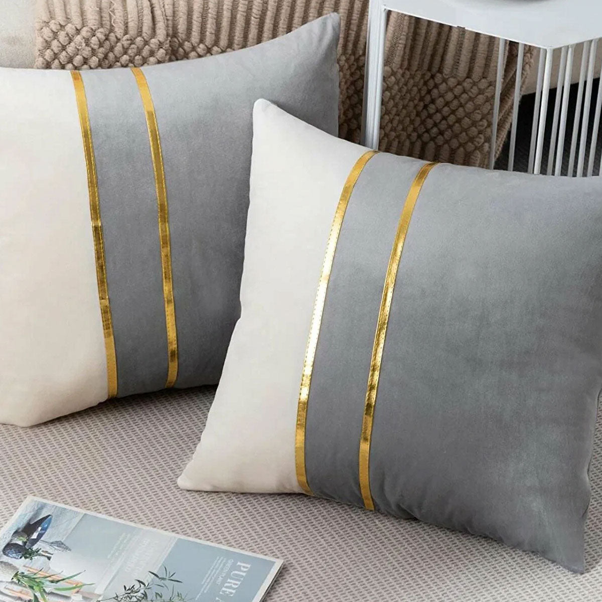 Grey and Ivory Urban Stripe velvet cushion covers set of 2 by Nylsa