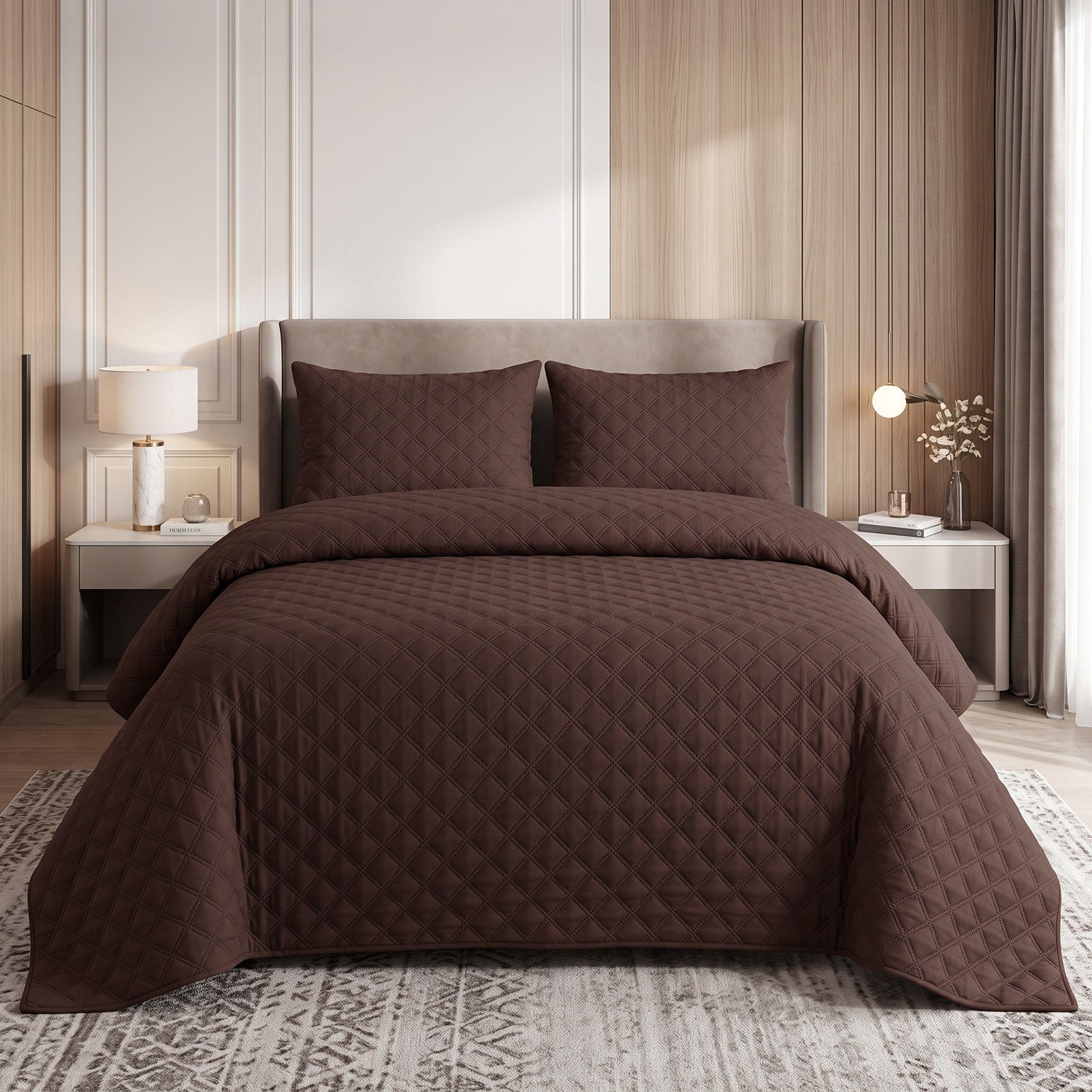Cocoa Diamond Quilted Bed Spread Set – King Size 3 Pcs