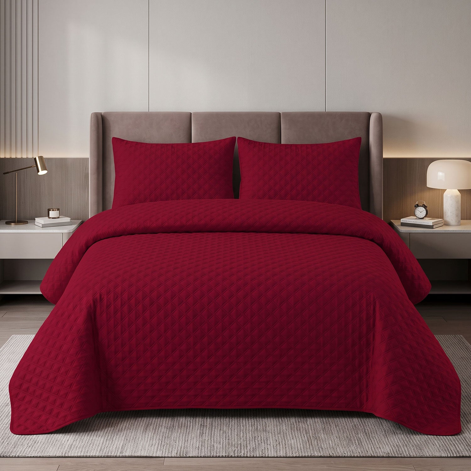 Ruby Grid Quilted Bed Spread Set – King Size 3 Pcs