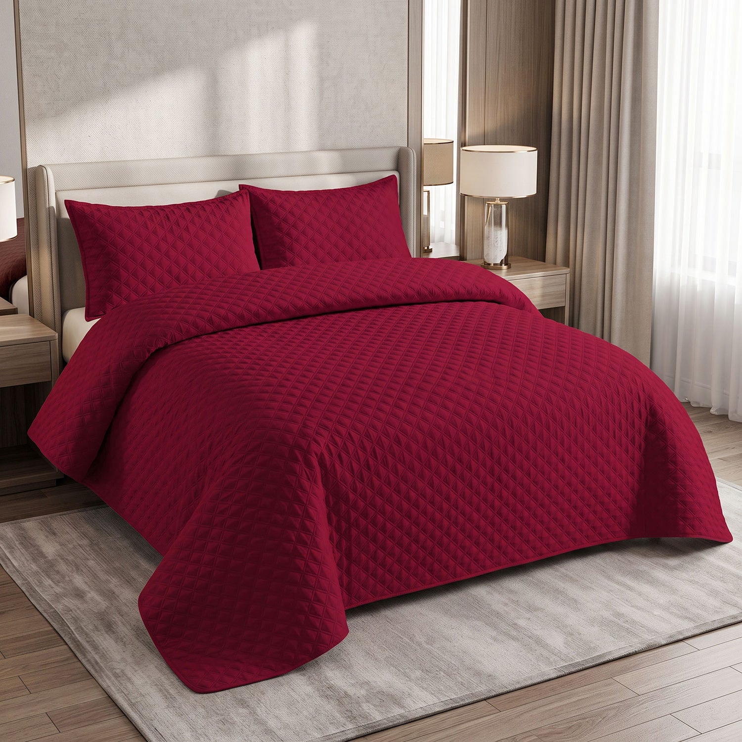 Ruby Grid Quilted Bed Spread Set – King Size 3 Pcs