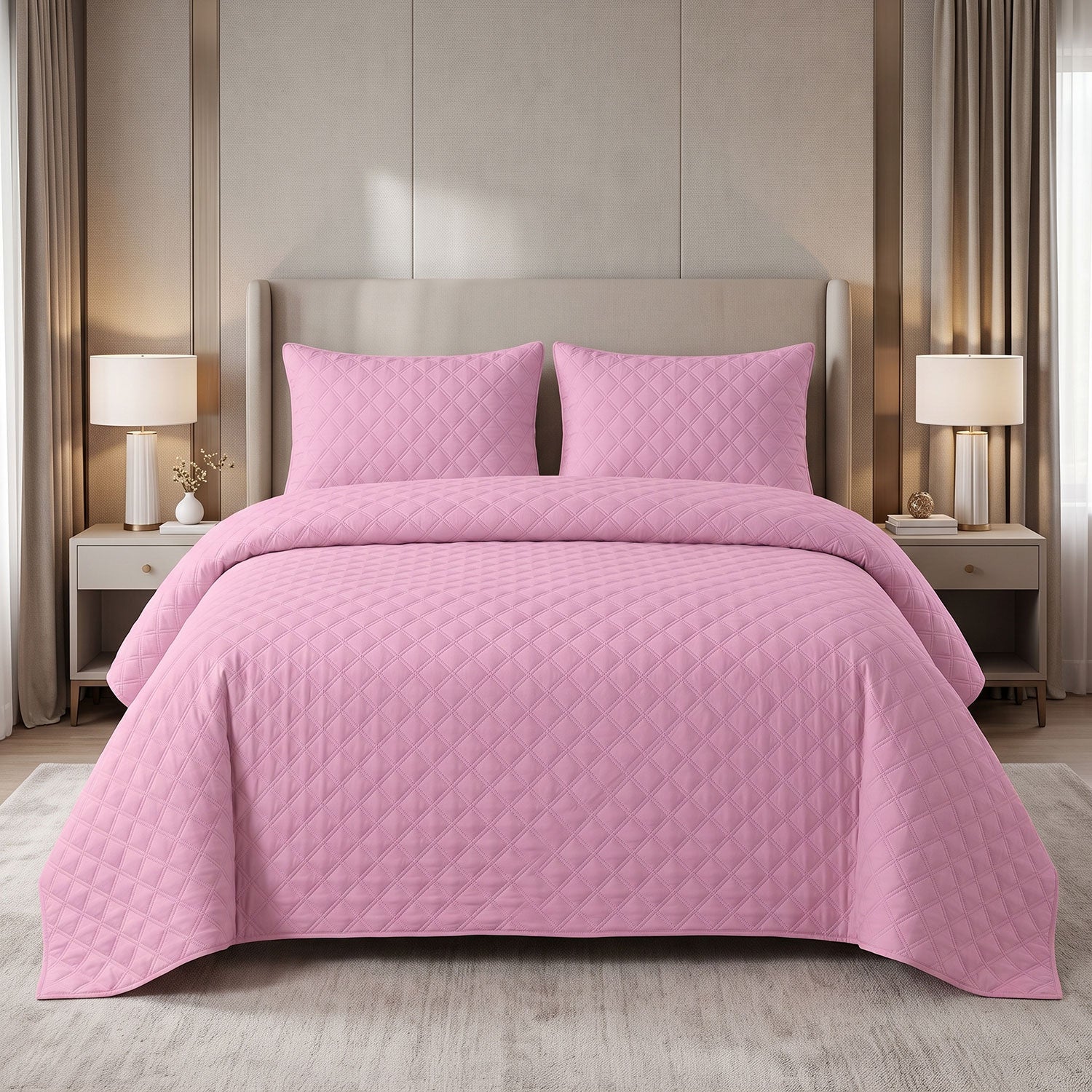 Blush Grid Quilted Bed Spread Set – King Size 3 Pcs
