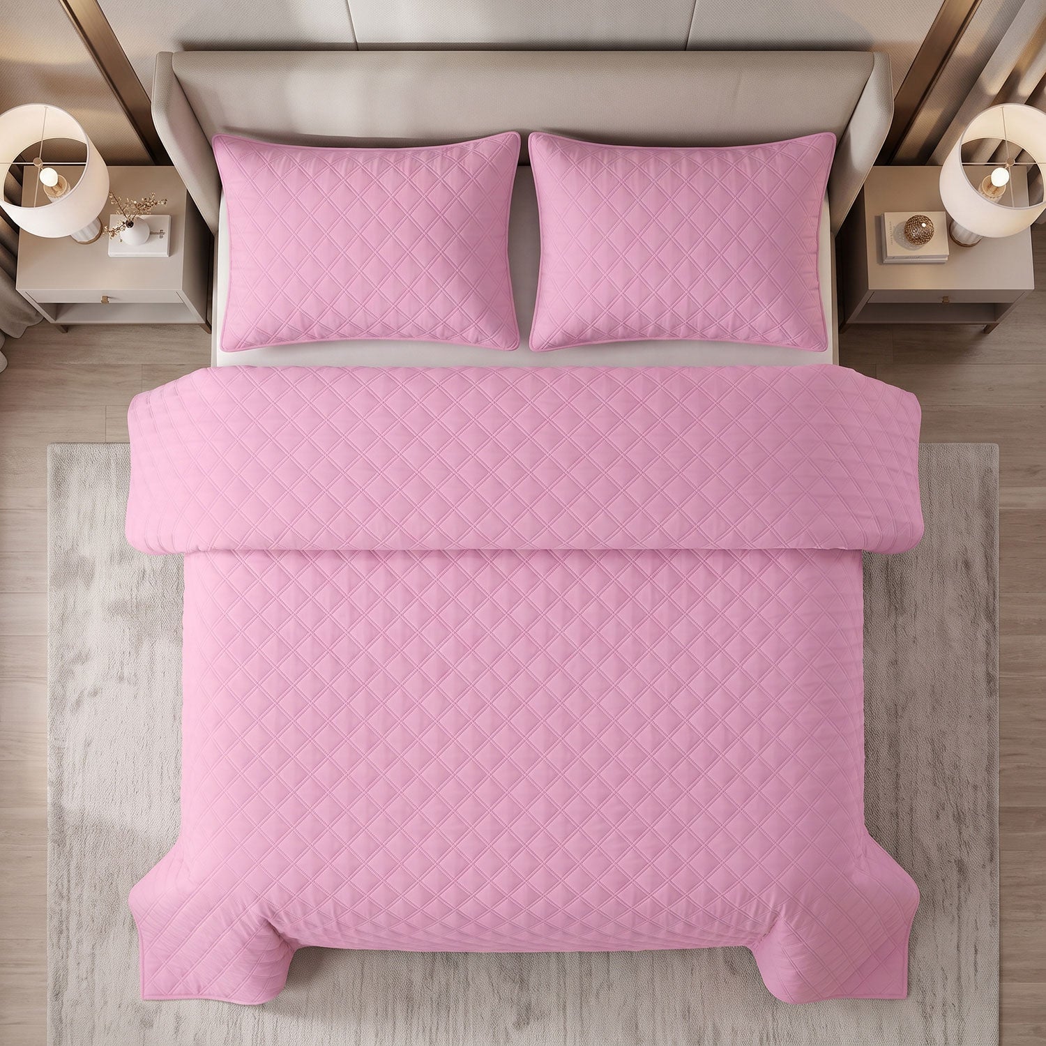 Blush Grid Quilted Bed Spread Set – King Size 3 Pcs