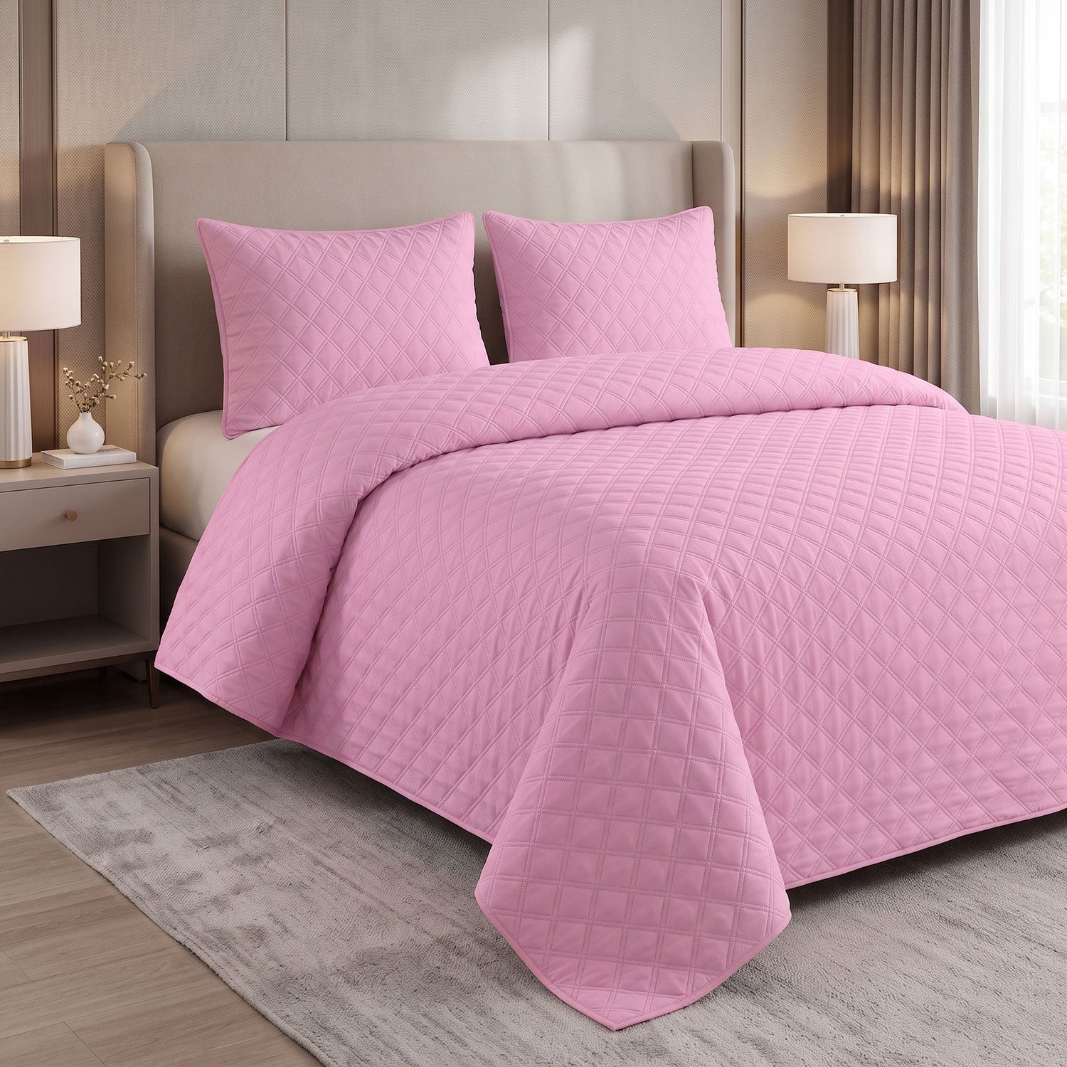 Blush Grid Quilted Bed Spread Set – King Size 3 Pcs