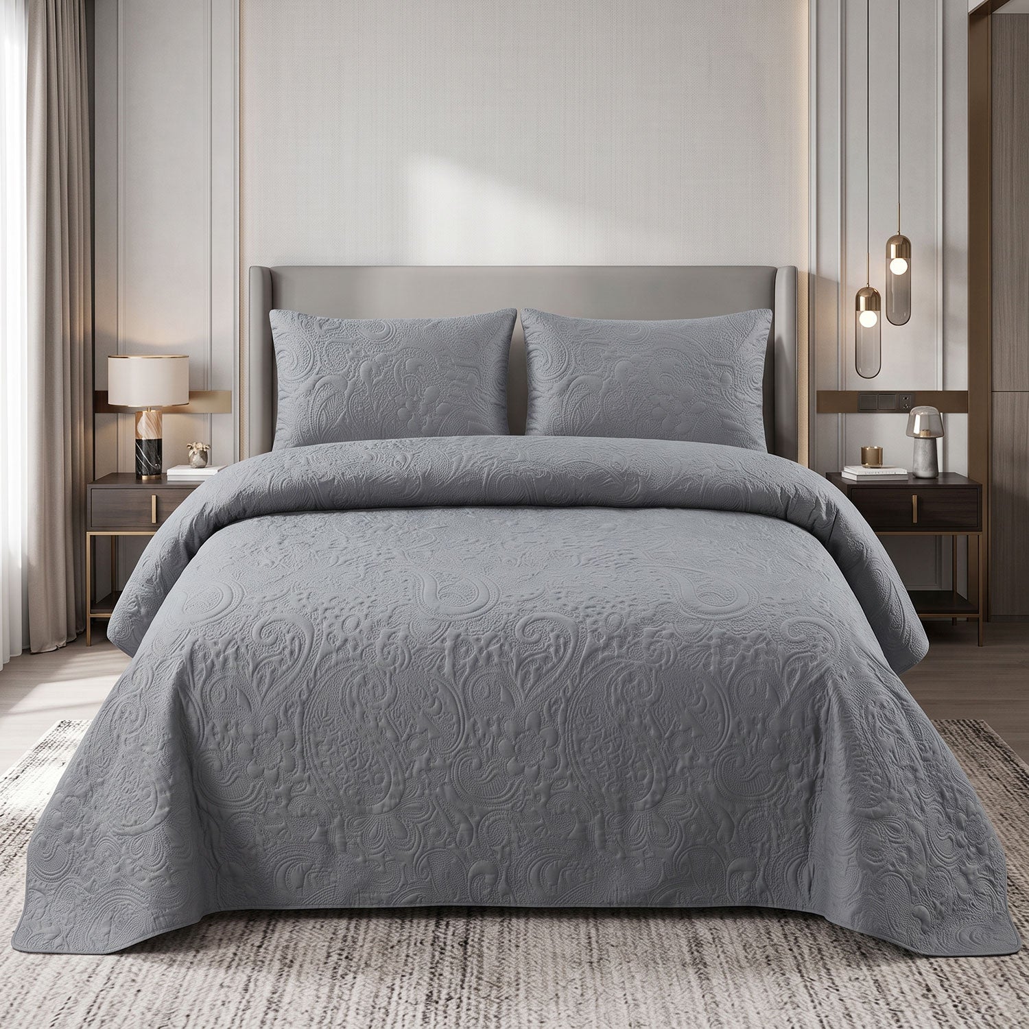 Slate Paisley Quilted Bed Spread Set – King Size 3 Pcs