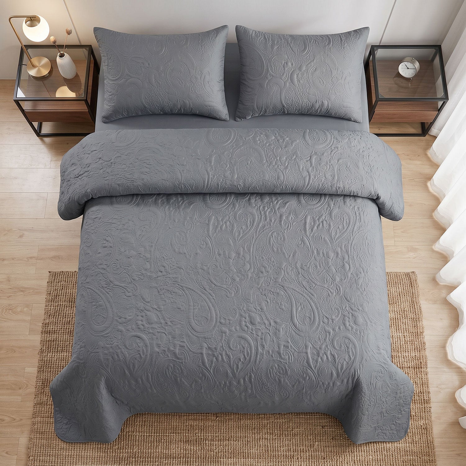 Slate Paisley Quilted Bed Spread Set – King Size 3 Pcs