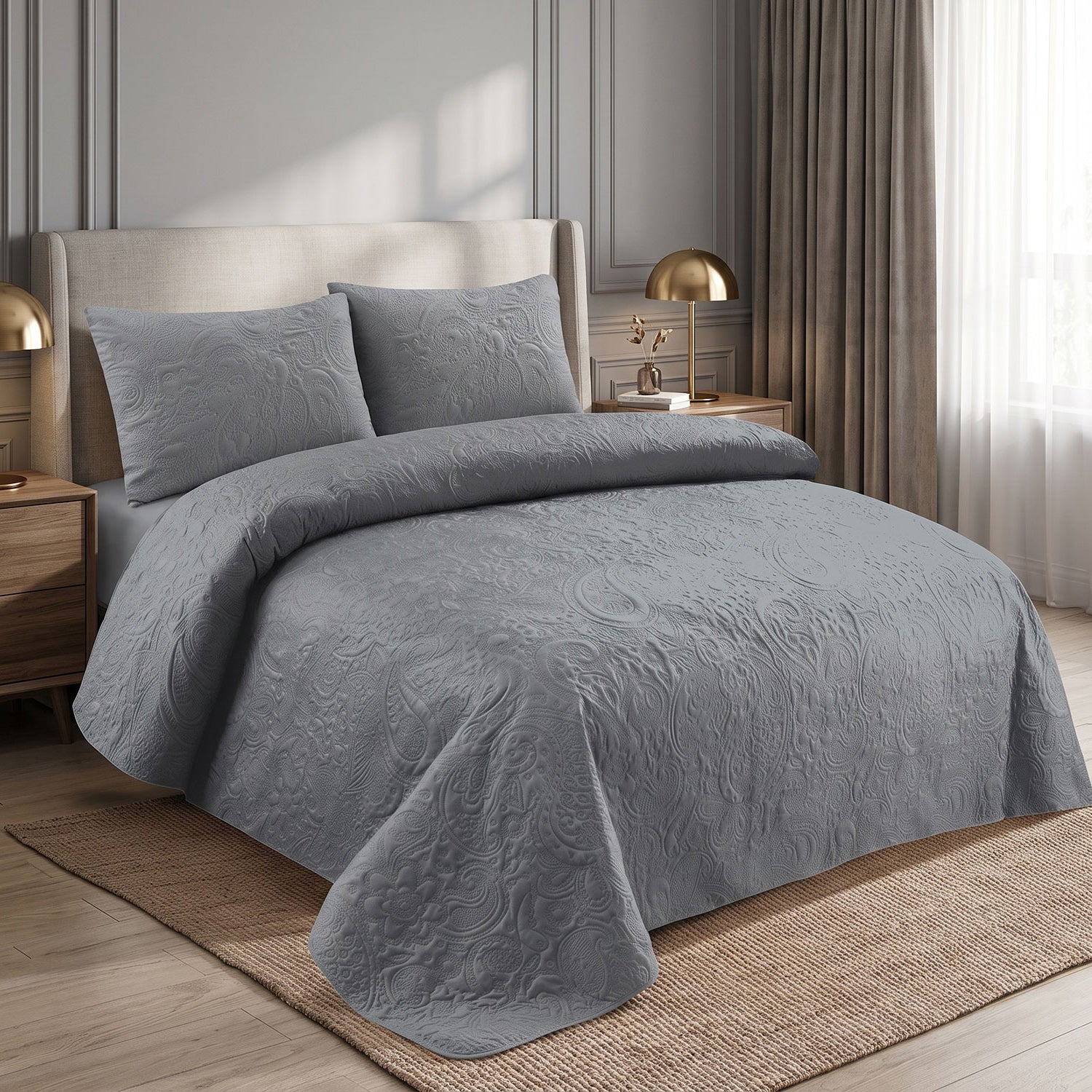 Slate Paisley Quilted Bed Spread Set – King Size 3 Pcs