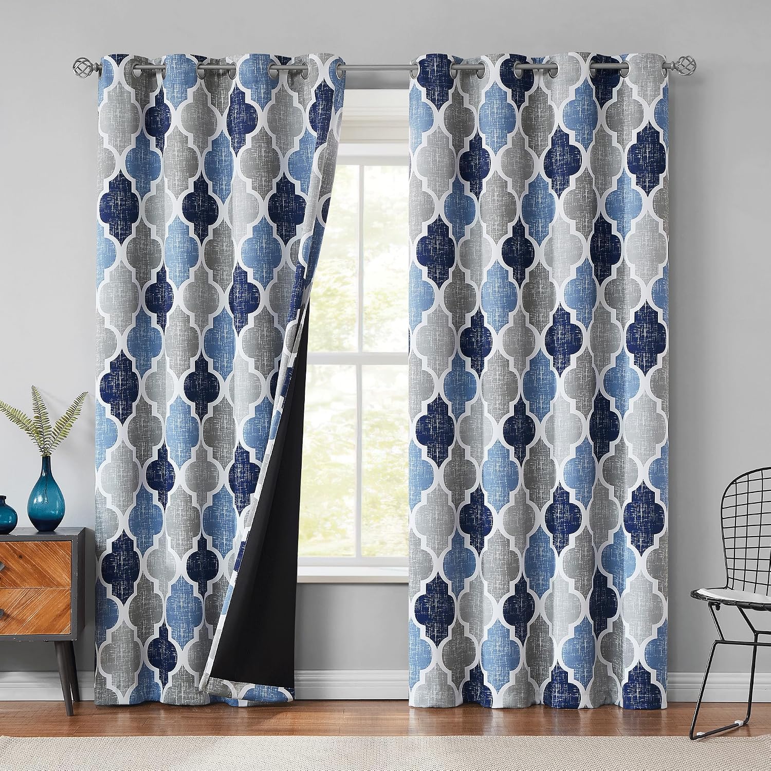 Indigo Digital Printed Eyelet Curtains – Pair