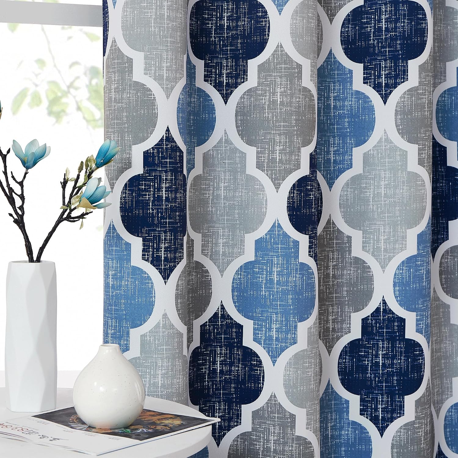 Indigo Digital Printed Eyelet Curtains – Pair