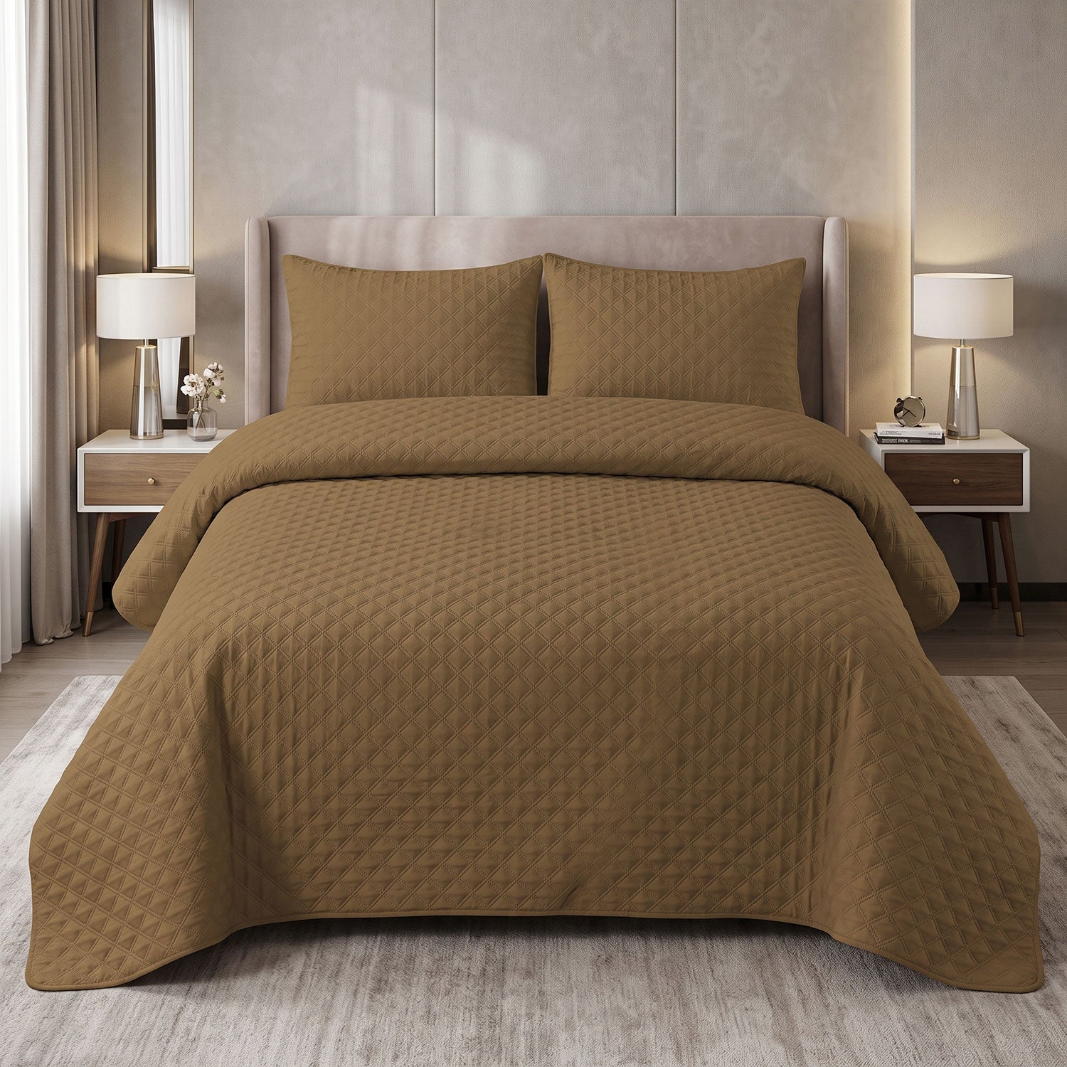 Mocha Grid Quilted Bed Spread Set – King Size 3 Pcs