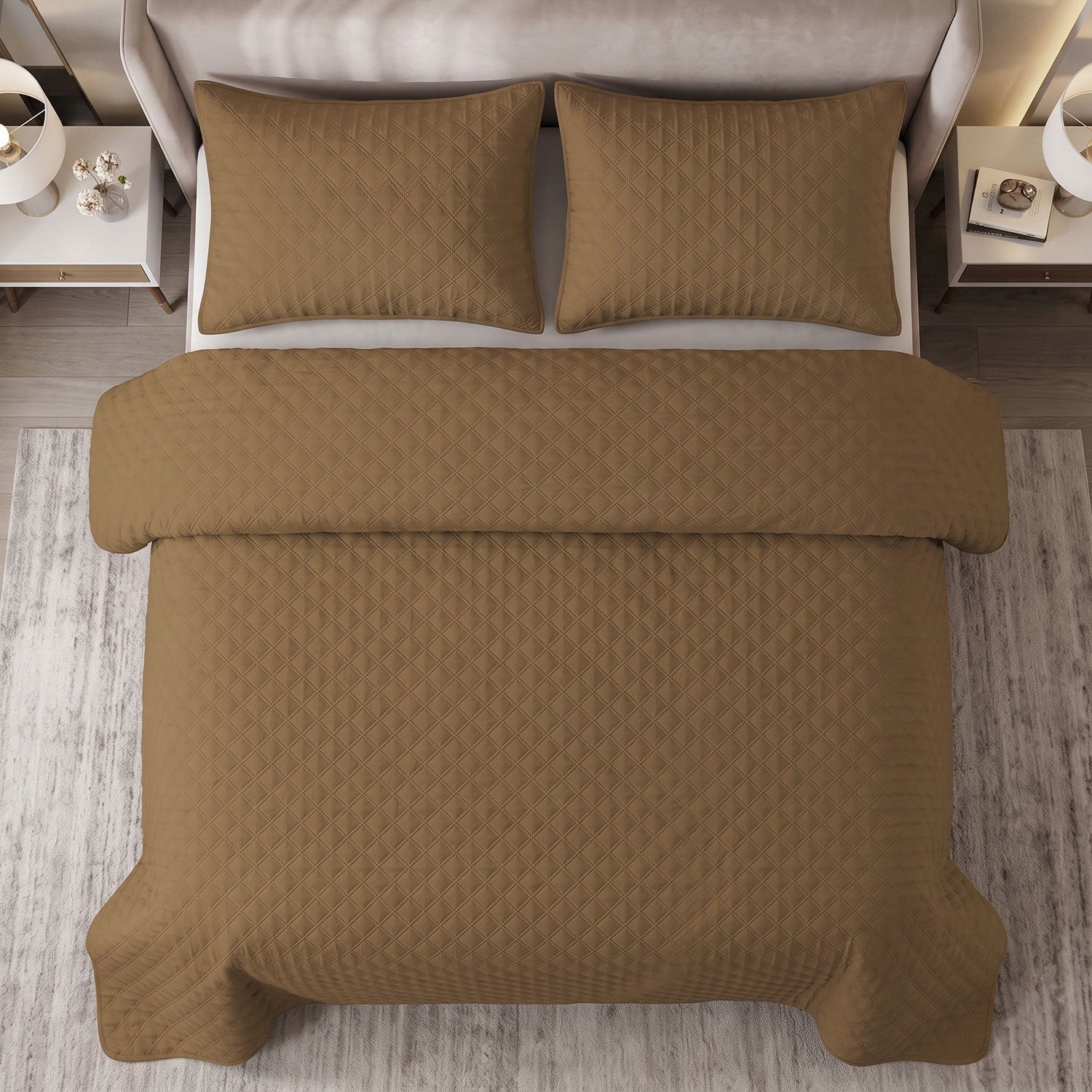 Mocha Grid Quilted Bed Spread Set – King Size 3 Pcs