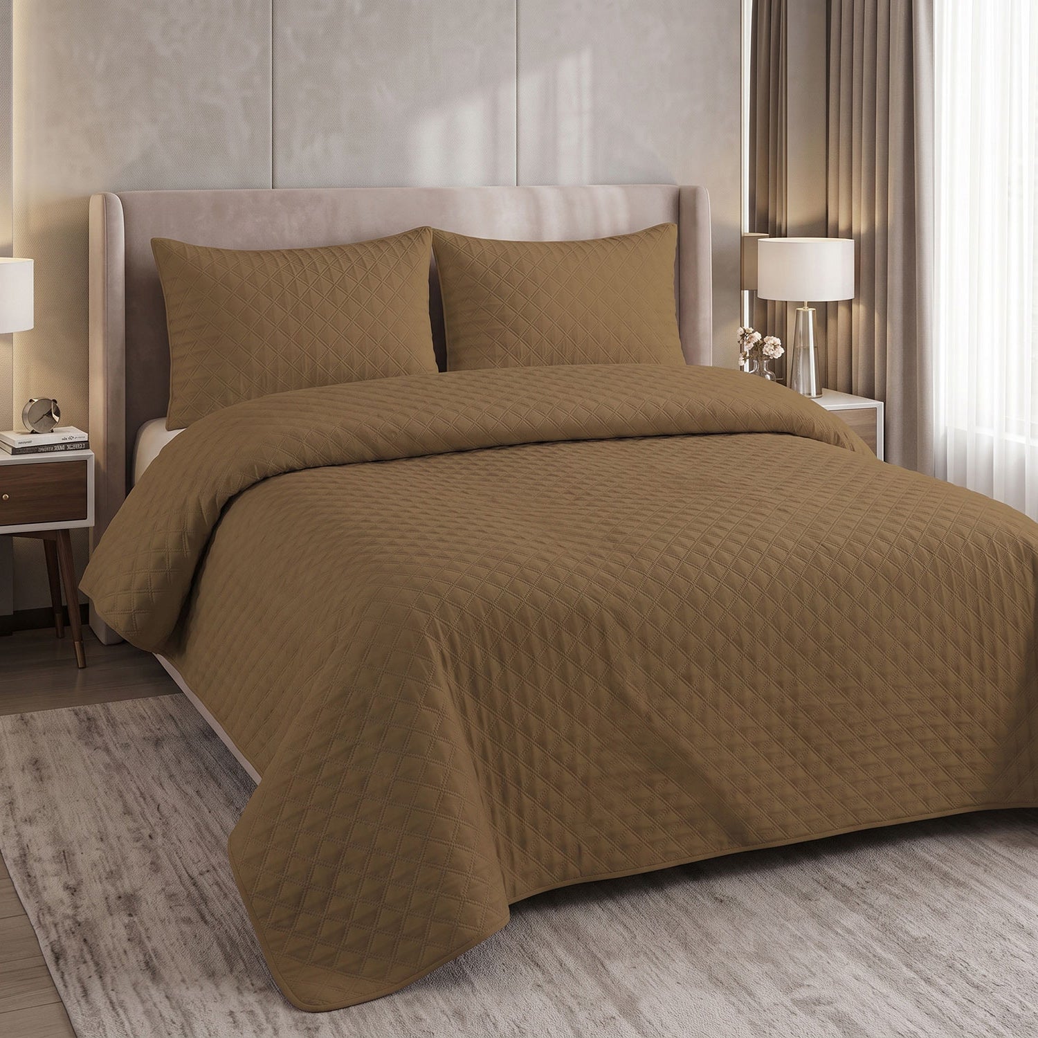 Mocha Grid Quilted Bed Spread Set – King Size 3 Pcs