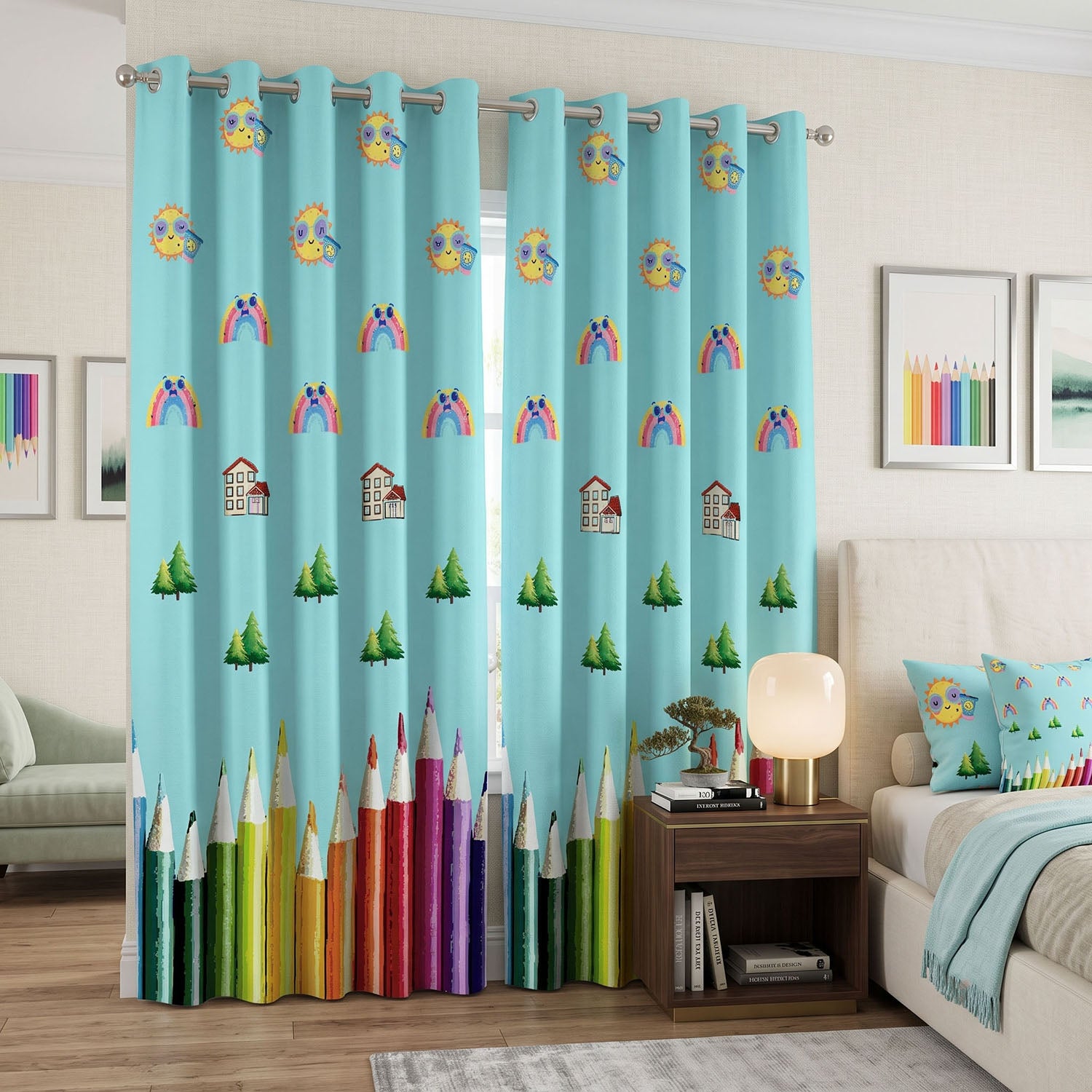 Pencils Digital Printed Eyelet Curtains – Pair