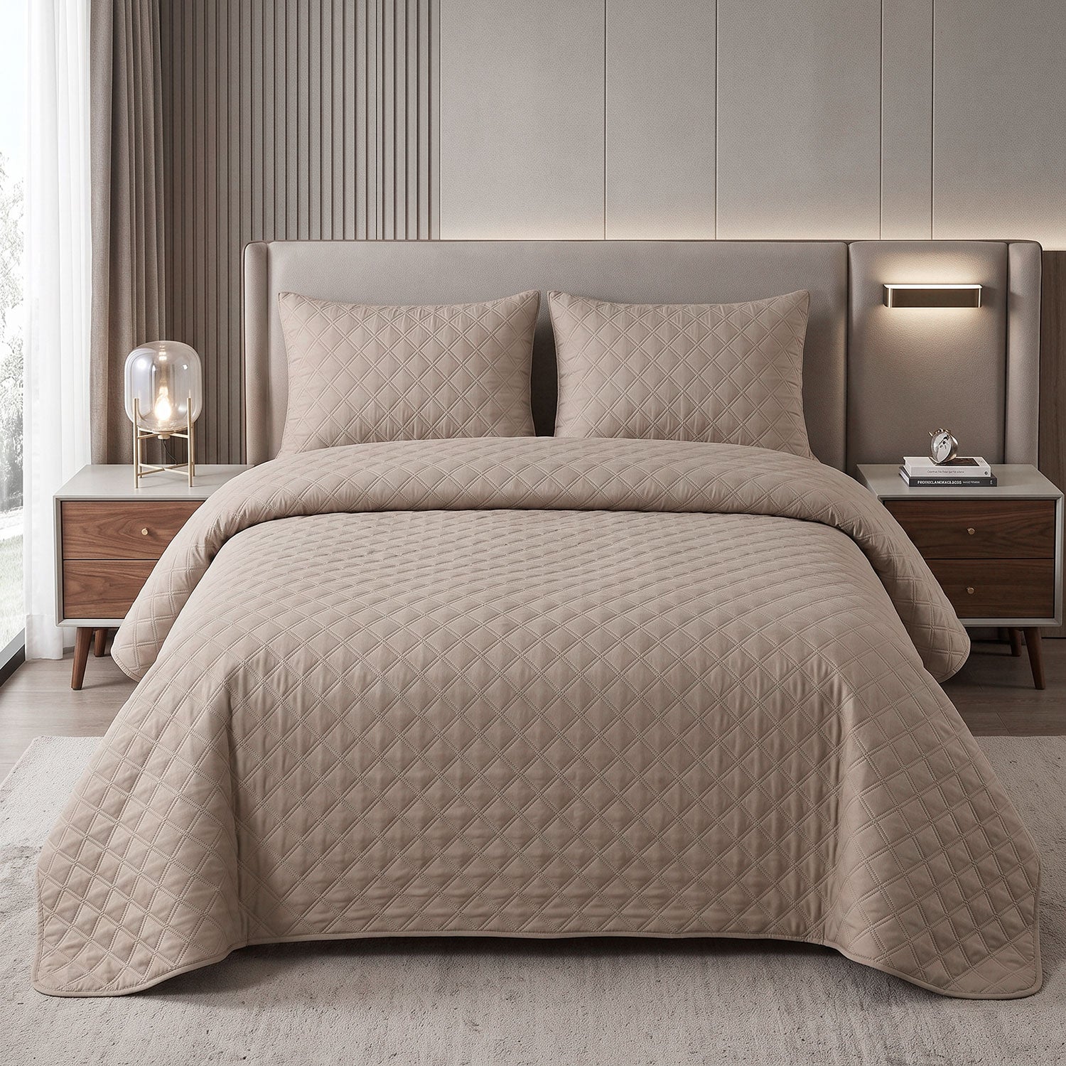 Beige Diamond Quilted Bed Spread Set – King Size 3 Pcs