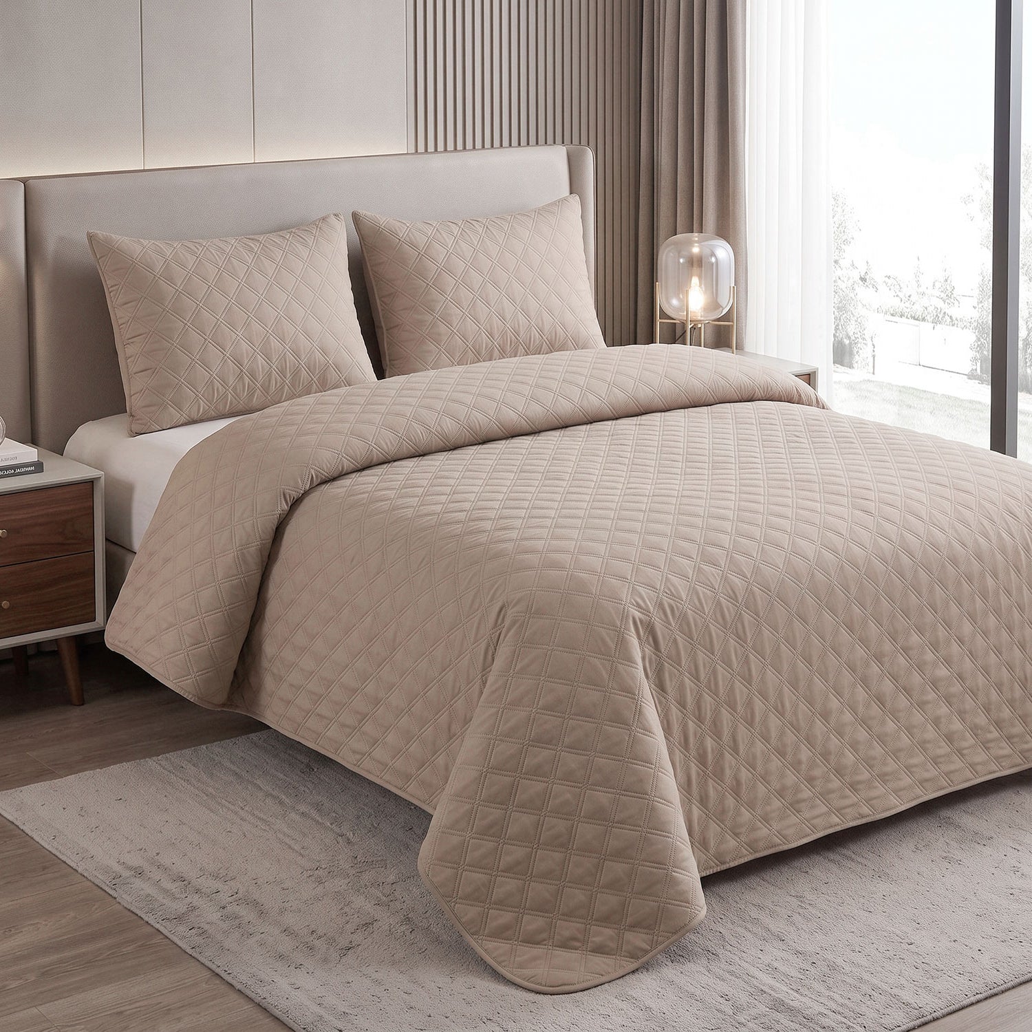 Beige Diamond Quilted Bed Spread Set – King Size 3 Pcs