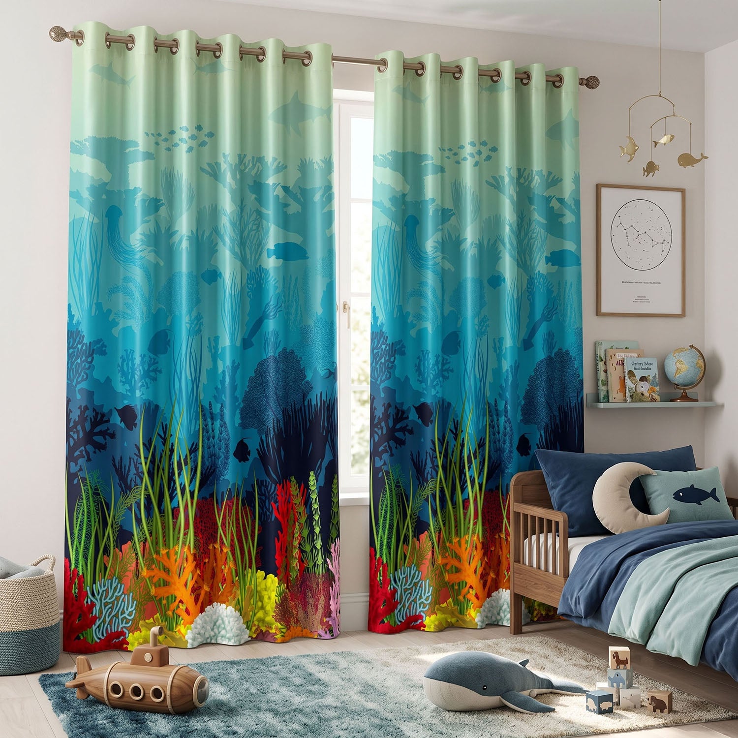 Reef Digital Printed Eyelet Curtains – Pair