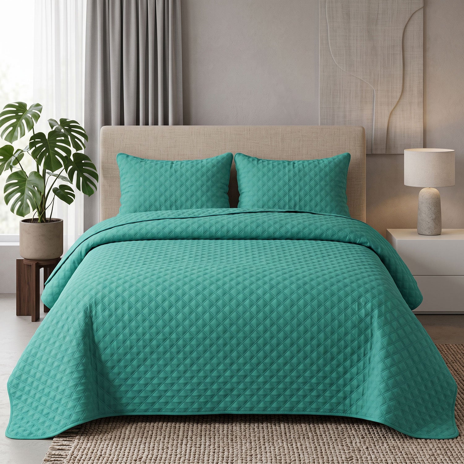 Teal Diamond Quilted Bed Spread Set – King Size 3 Pcs