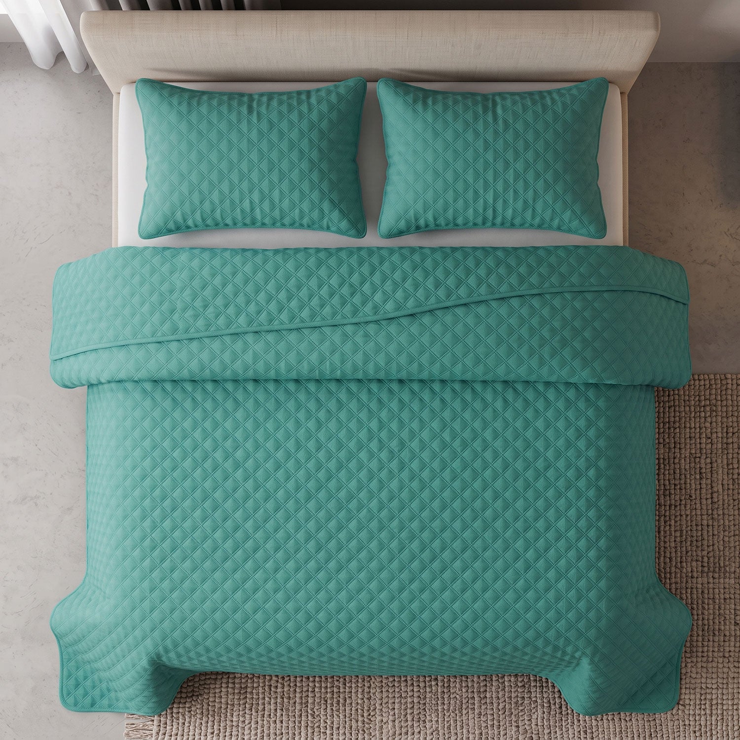 Teal Diamond Quilted Bed Spread Set – King Size 3 Pcs