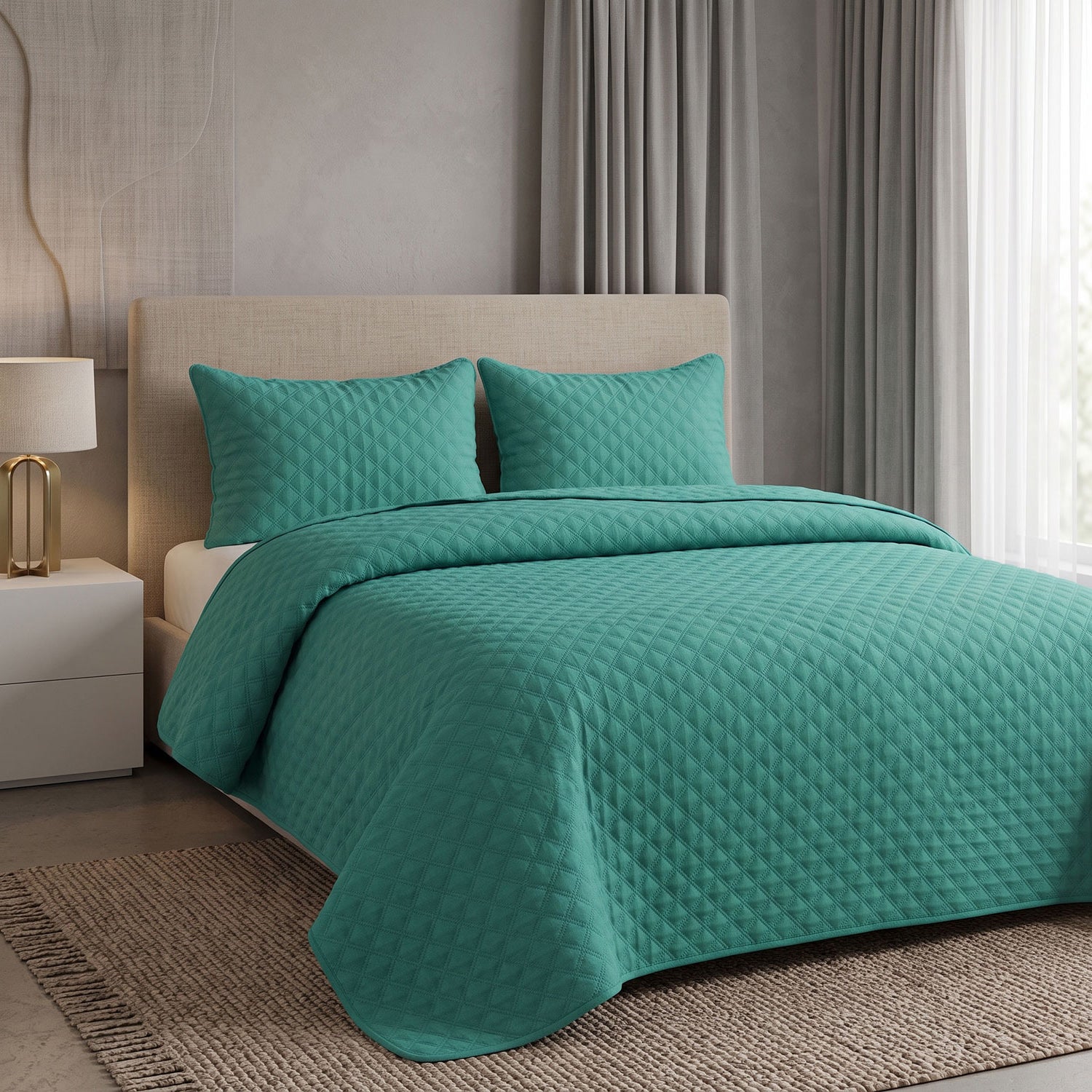 Teal Diamond Quilted Bed Spread Set – King Size 3 Pcs