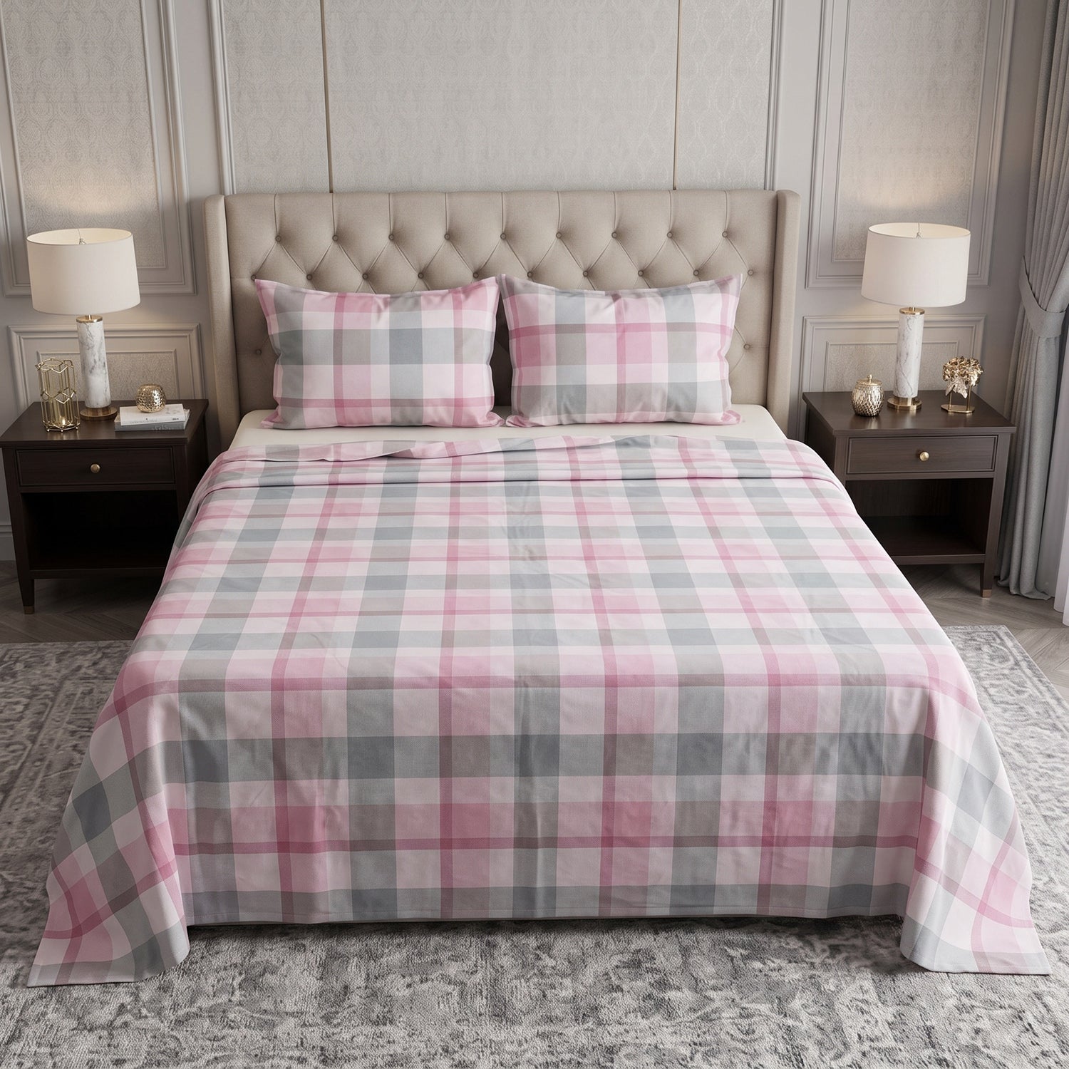 Roseplaid Printed Bed Sheet Set – King Size 3 Pcs