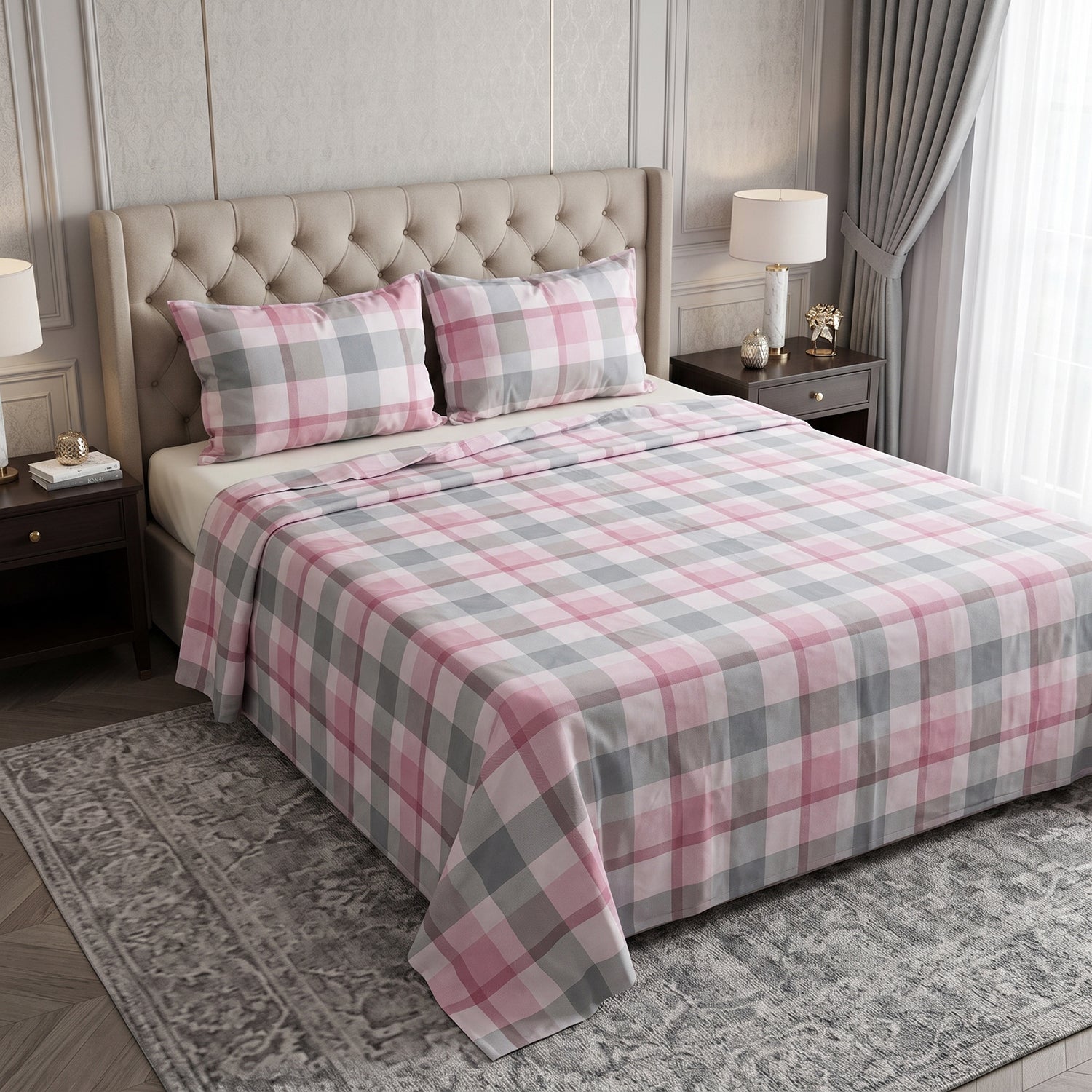 Roseplaid Printed Bed Sheet Set – King Size 3 Pcs
