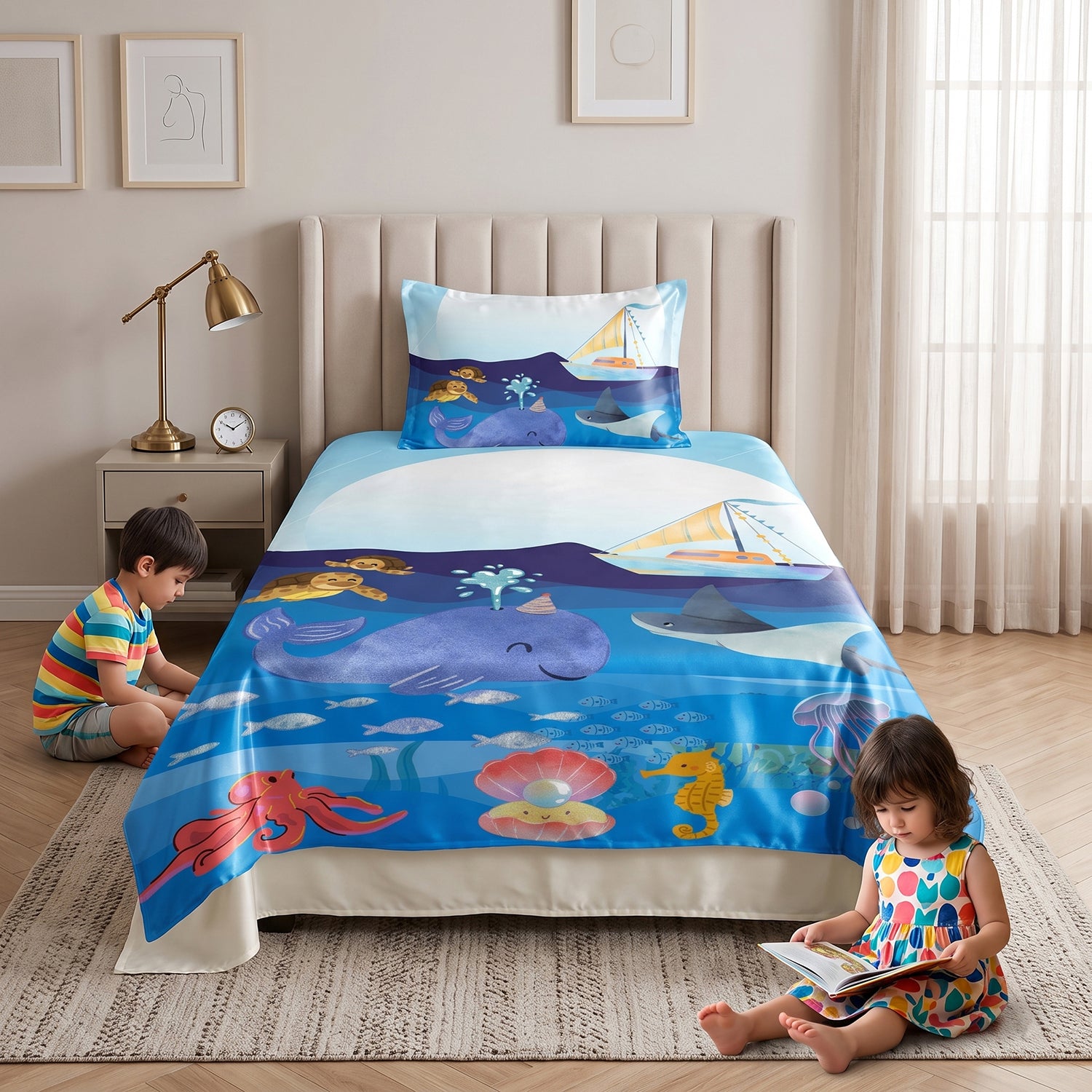 Aquatic kids printed bedsheet set 2 pcs by Nylsa