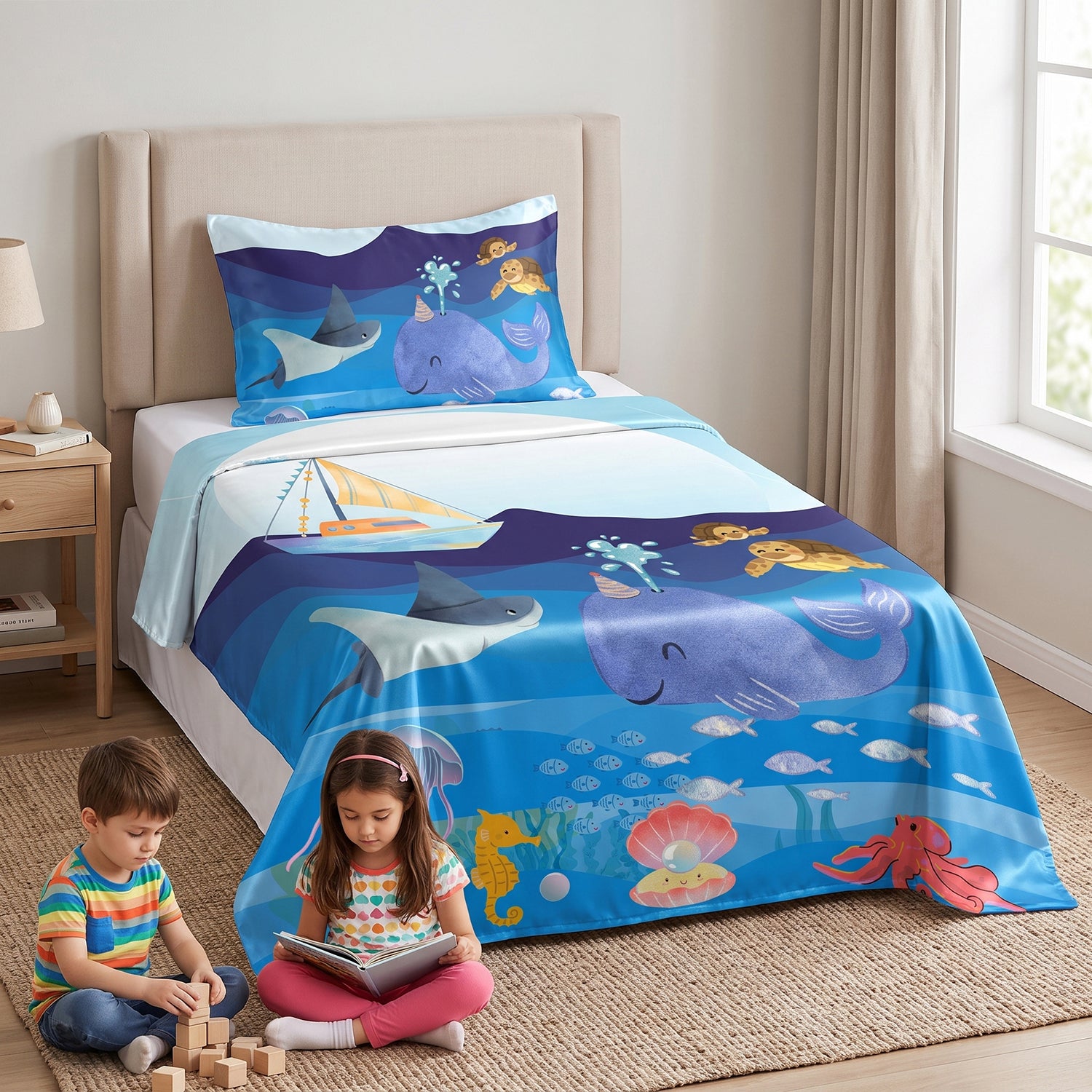 Aquatic kids printed bedsheet set 2 pcs by Nylsa