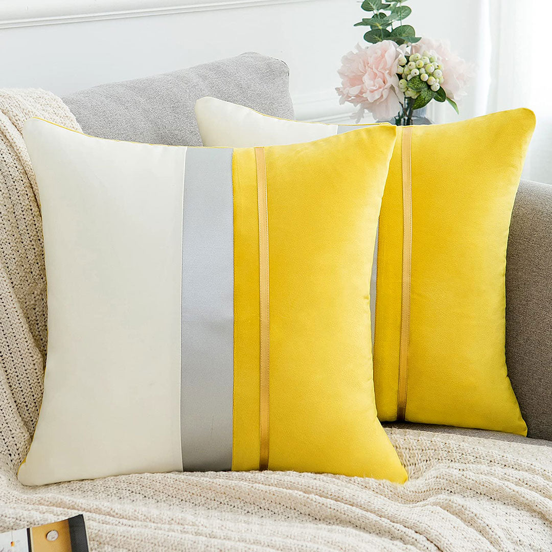 Mustard and White Urban Stripe velvet cushion covers set of 2 by Nylsa