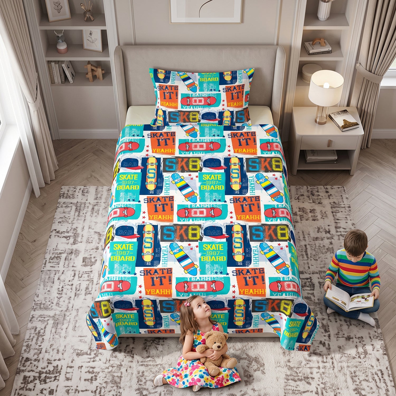 Skater kids printed bedsheet set 2 pcs by Nylsa