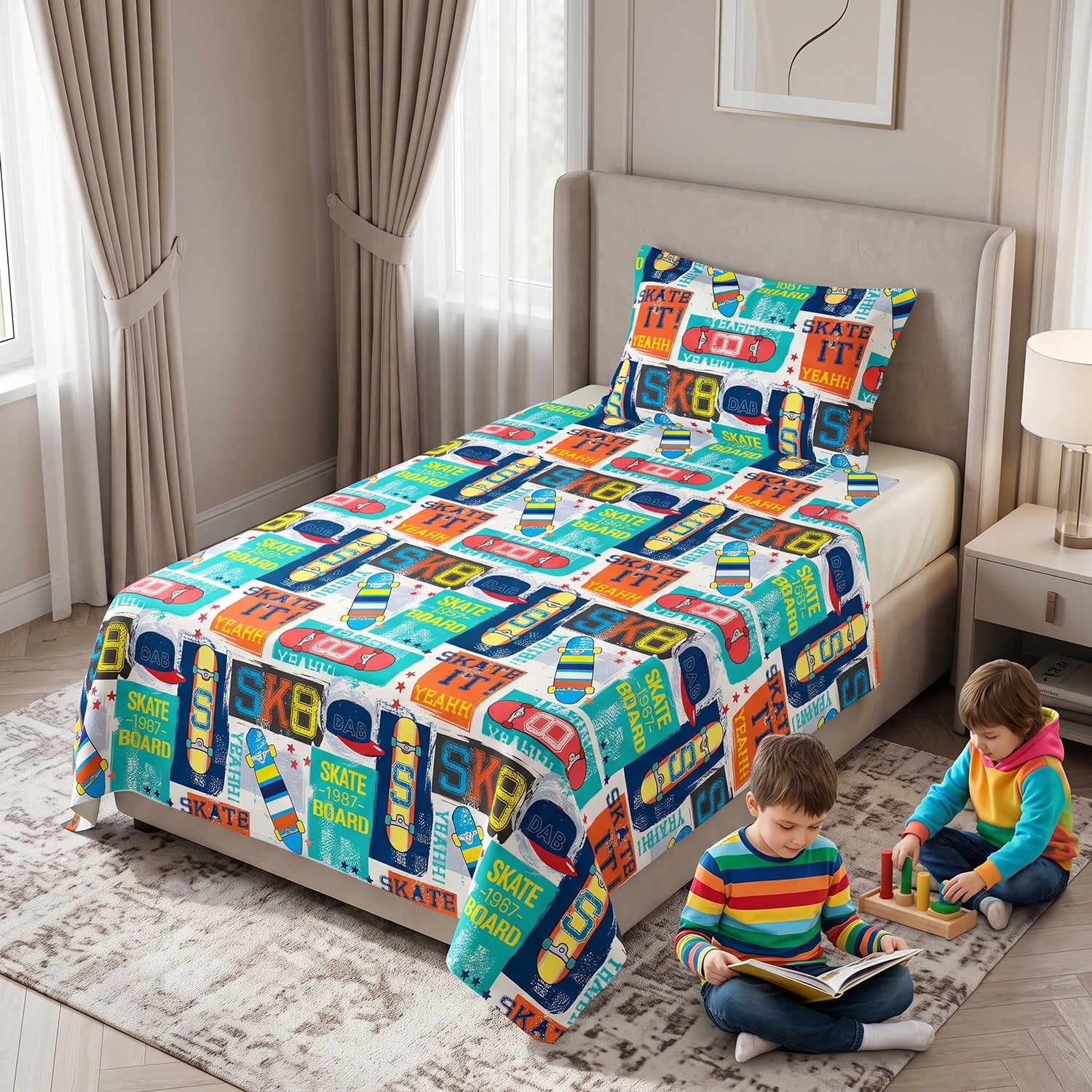 Skater kids printed bedsheet set 2 pcs by Nylsa