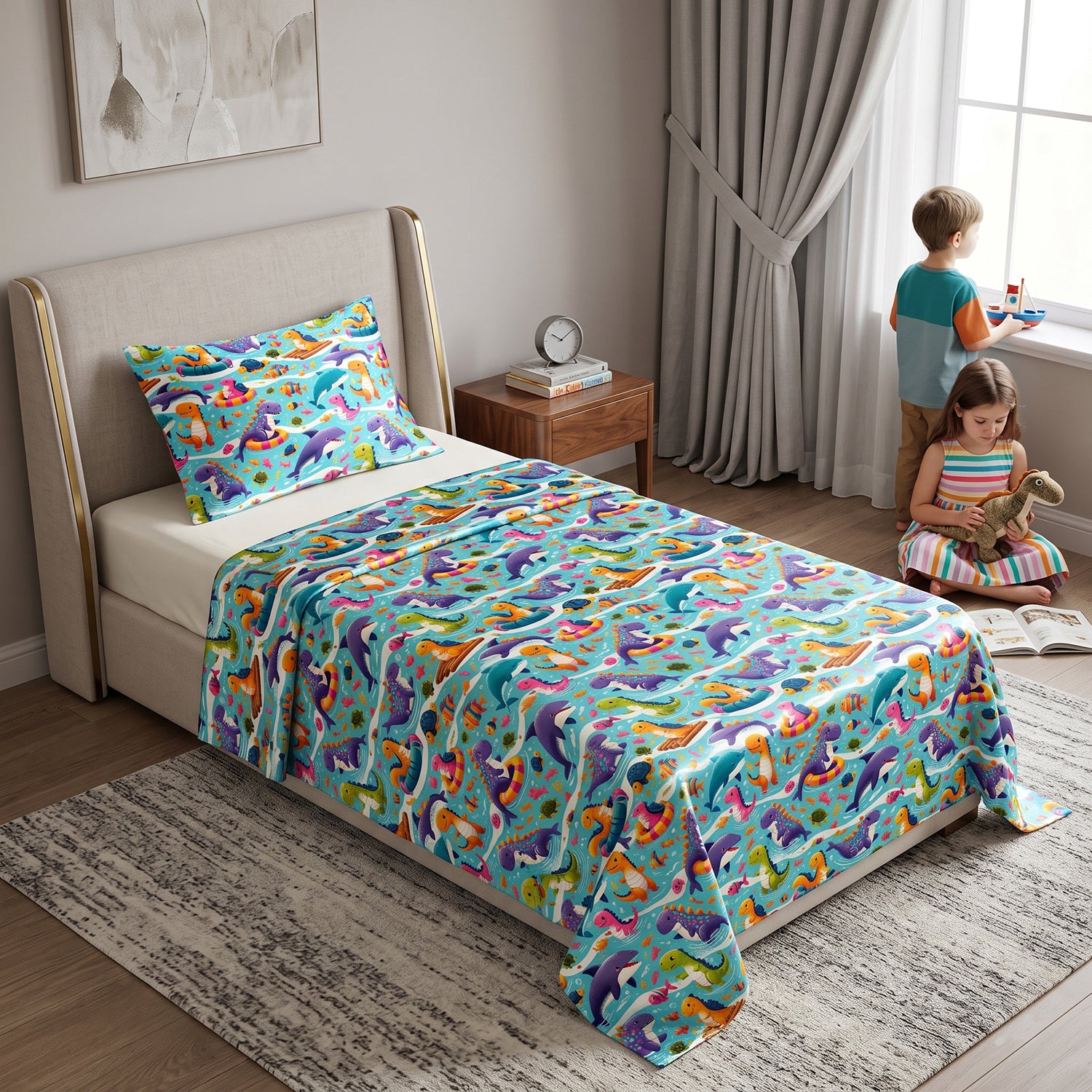 DinoSplash kids printed bedsheet set 2 pcs by Nylsa