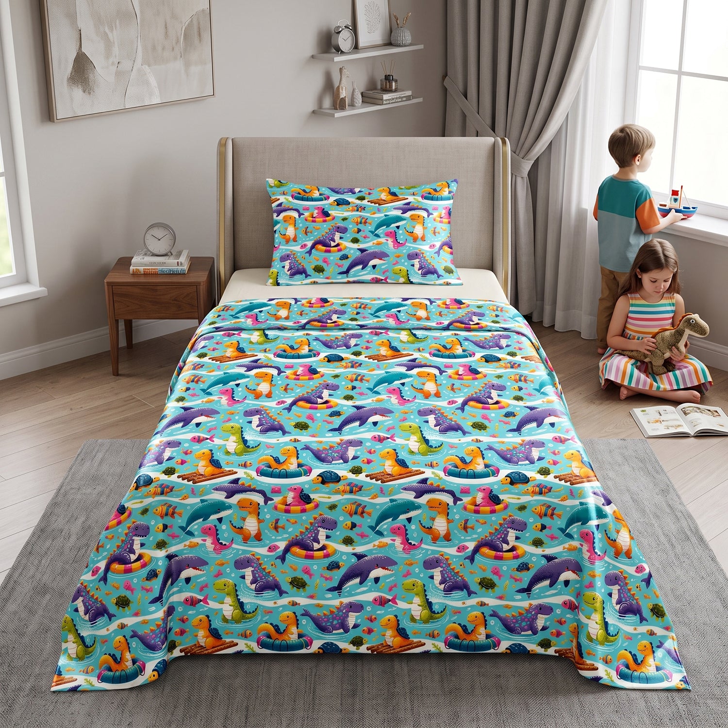 DinoSplash kids printed bedsheet set 2 pcs by Nylsa