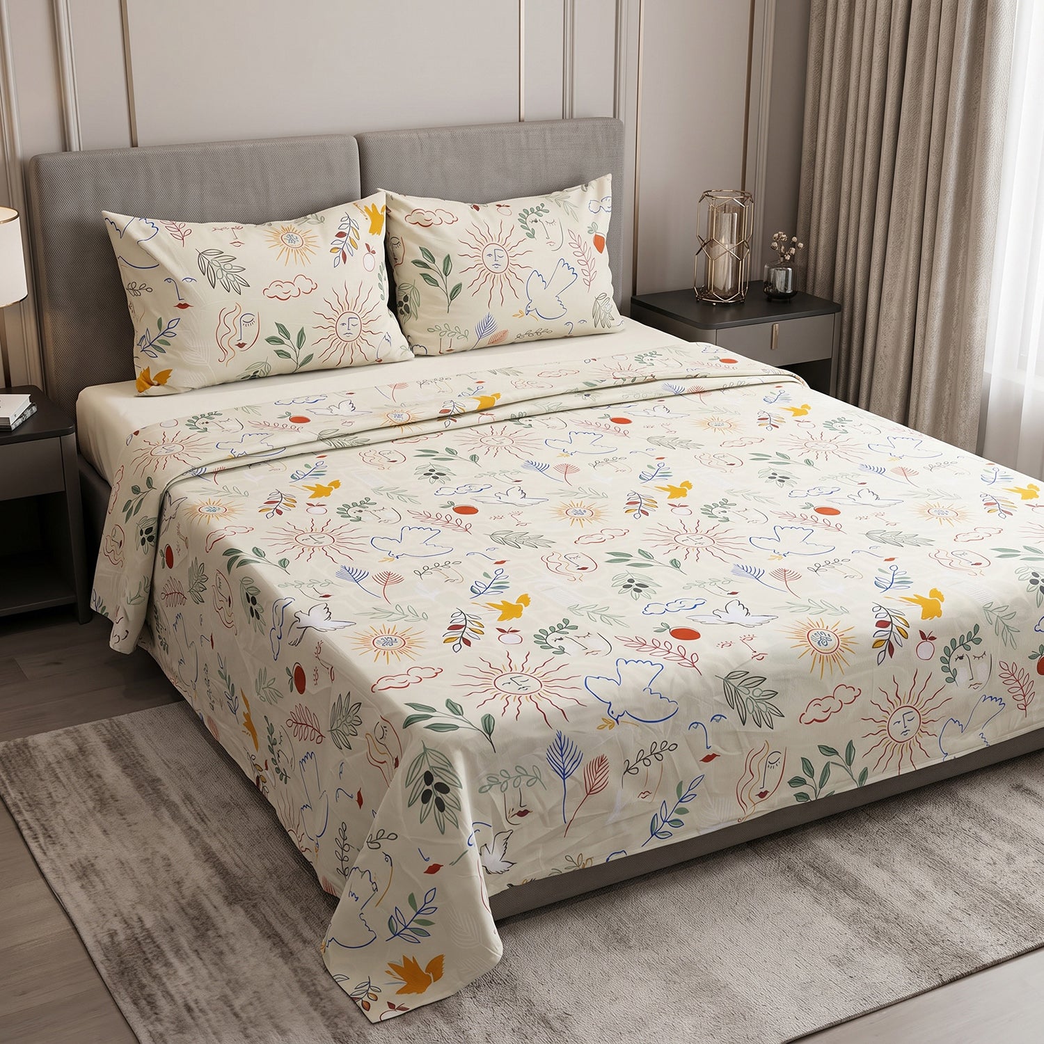 Doodle Printed Bed Sheet Set – King Size 3 Pcs